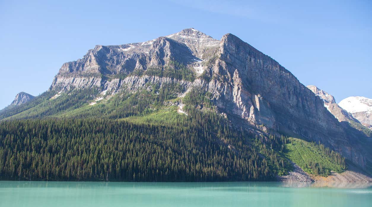 Scenic panoramic view of the turquoise waters of Lake Louise in Banff National Park, Canada during Canada Day.