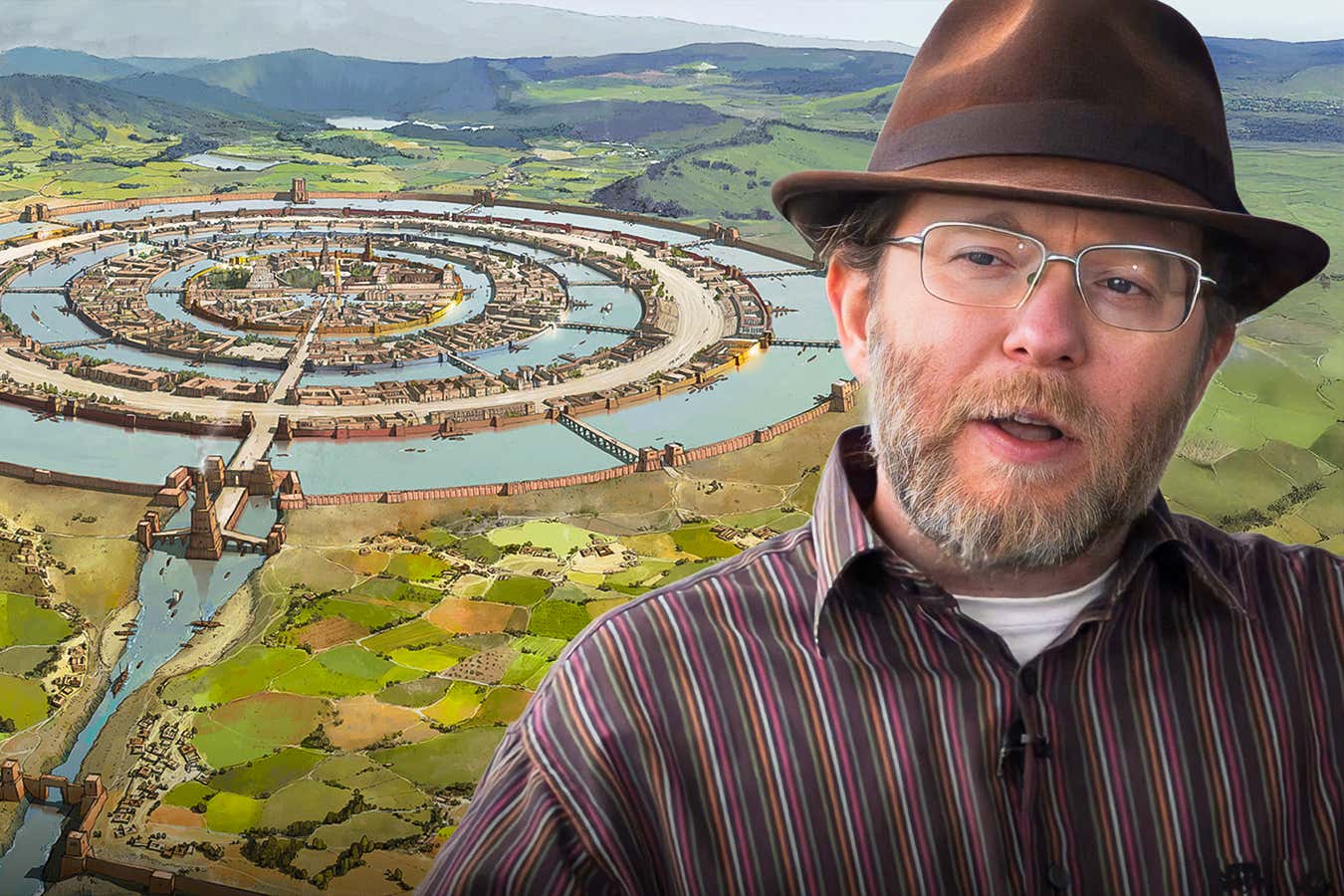 Flint Dibble with an imaginary visualisation of Atlantis in the background