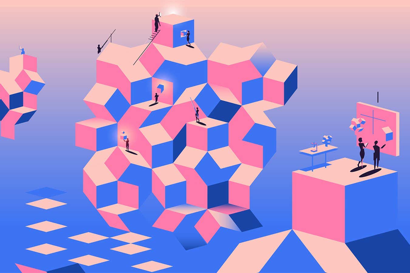 People searching for quasicrystals in a surreal pink and blue landscape, reminiscent of a quasicrystal's non-repeating atomic structure
