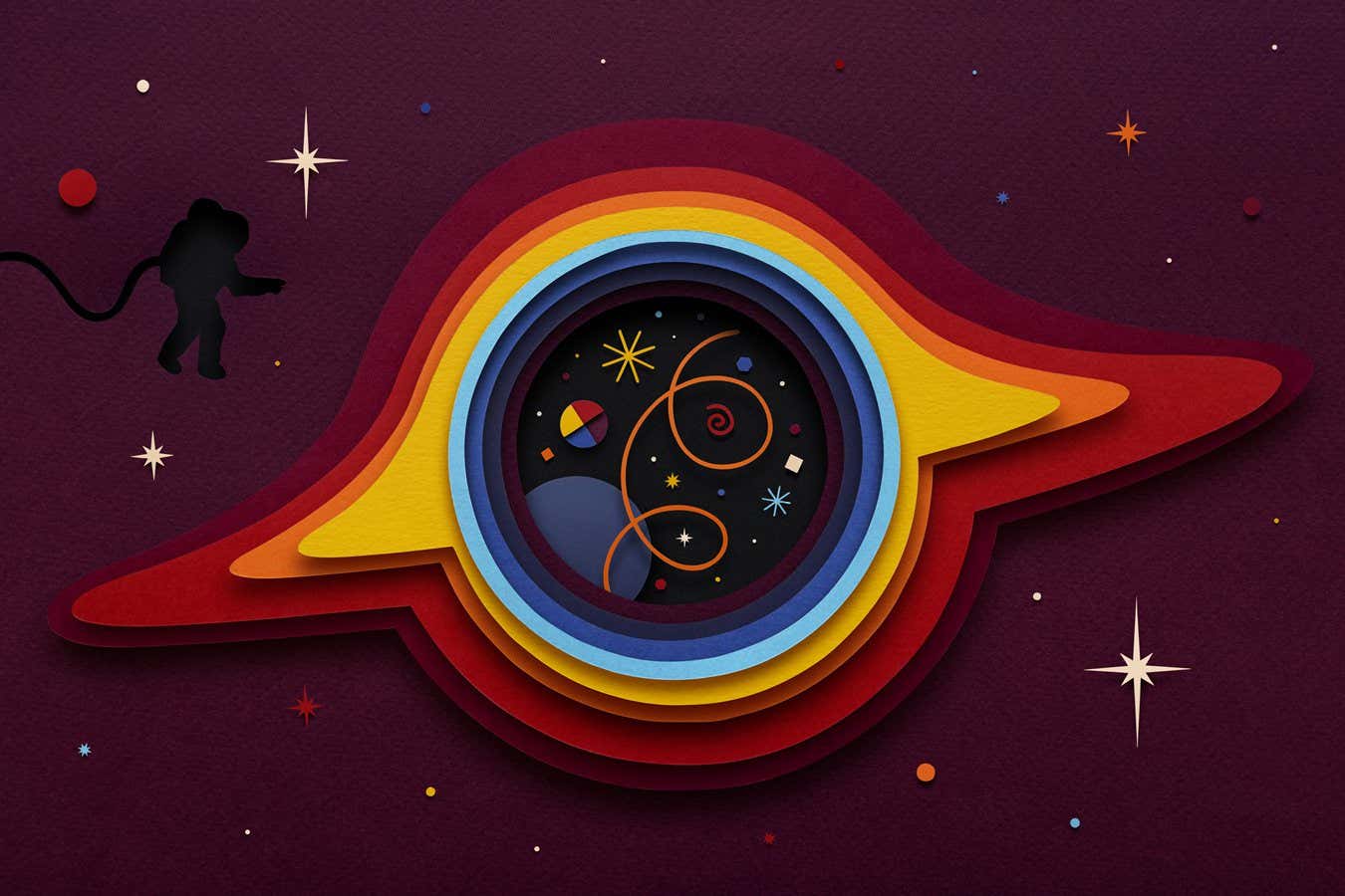 An artwork made my layering many paper cutouts, showing an astronaut near a black hole. Within the black hole are colourful swirls, stars and specks