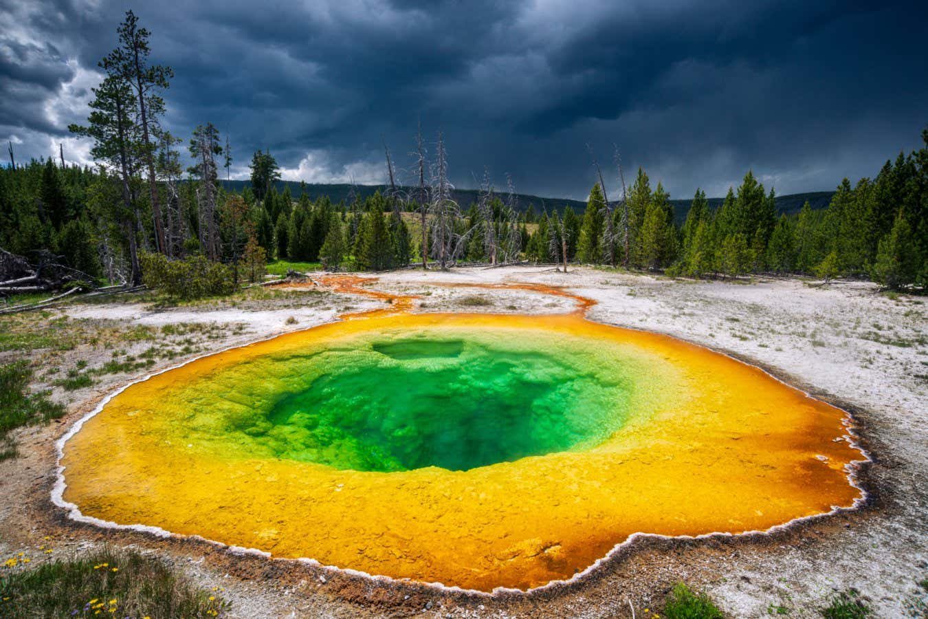 A prismatic geothermal vent at Yellowstone park. It's a green pool, ringed with yellow and orange.