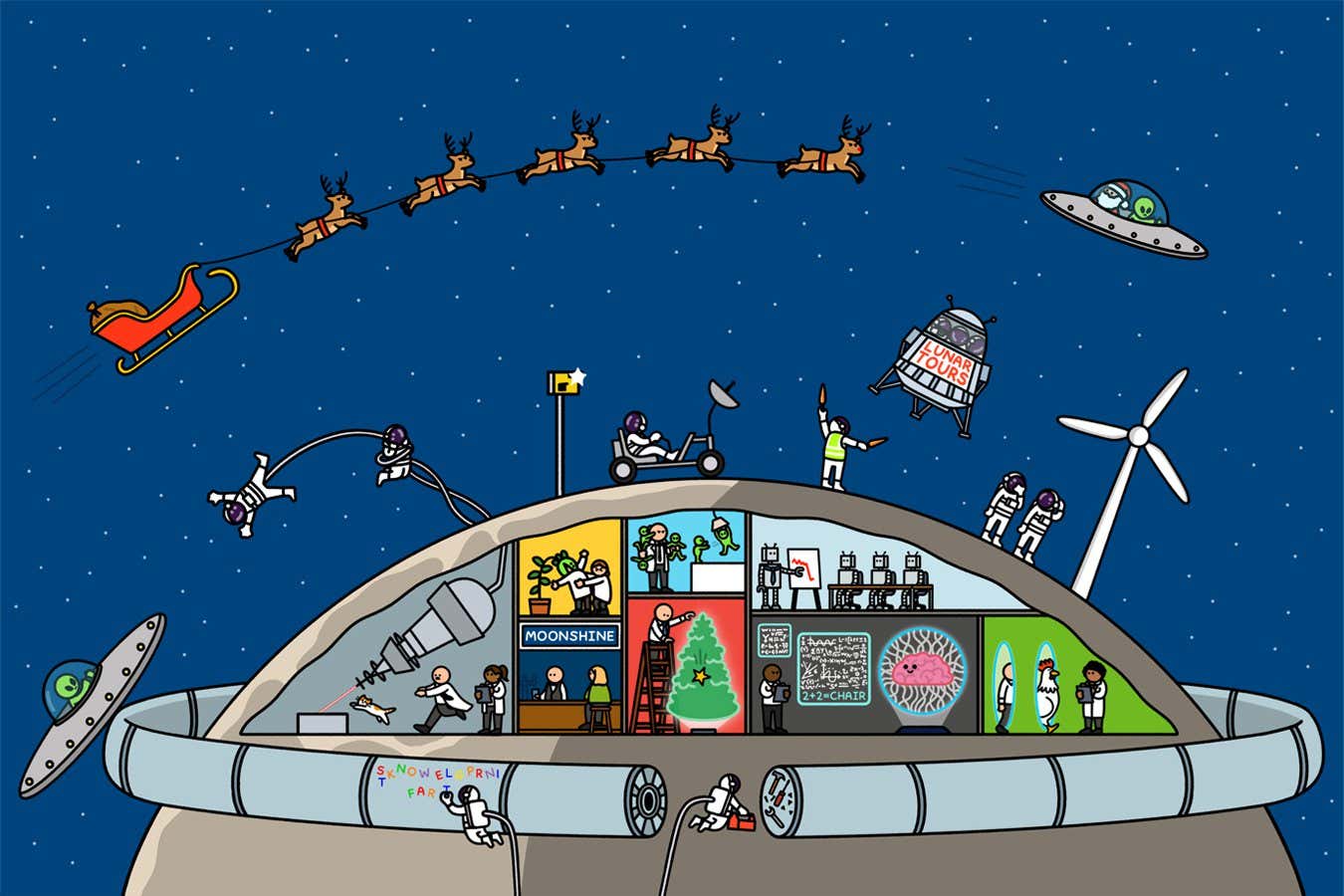 Scientists inside a science base in the Moon conduct a variety of humorous experiments. We see a cat chasing after a giant laser beam; a scientist being eaten by a venus fly trap, a star falling through a Christmas tree as a scientist tries and fails to put it on top, a scientist going to a 'moonshine' bar, robots attending a seminar, a scientist trapping a human brain in a forcefield, and scientists stepping through portals. In the sky above the spaceship, Santa is being abducted by aliens.