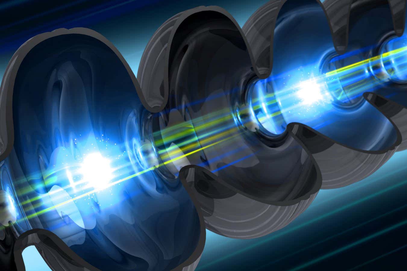 illustration of an electron beam traveling through a niobium cavity, a key component of SLAC's LCLS-II X-ray laser