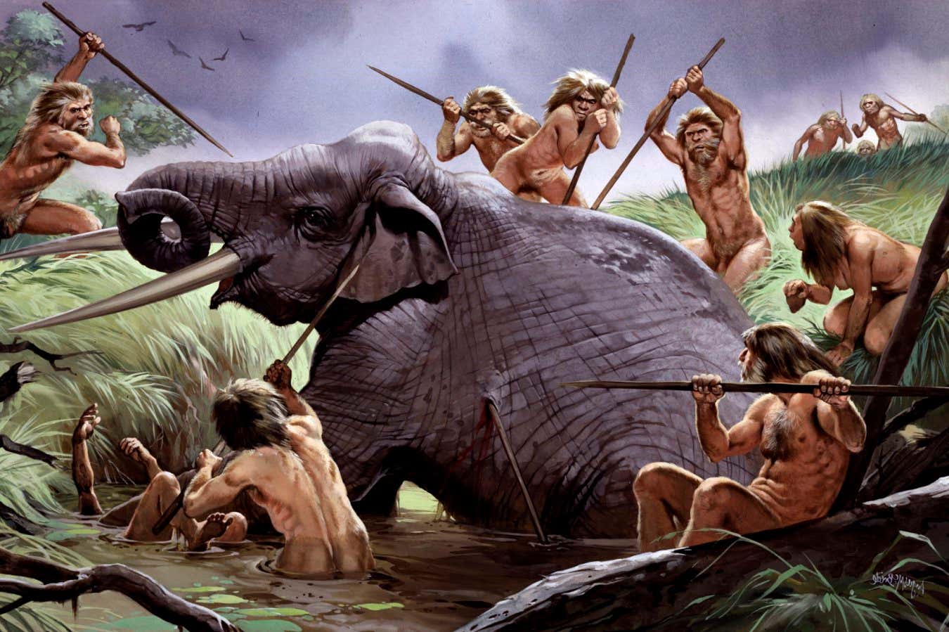Homo heidelbergensis tribe killing an elephant