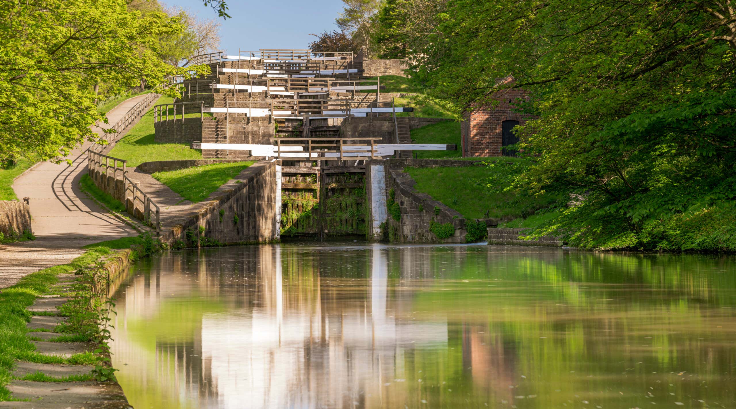 View of Bingley rise locks on the leeds to Liverpool canal, England