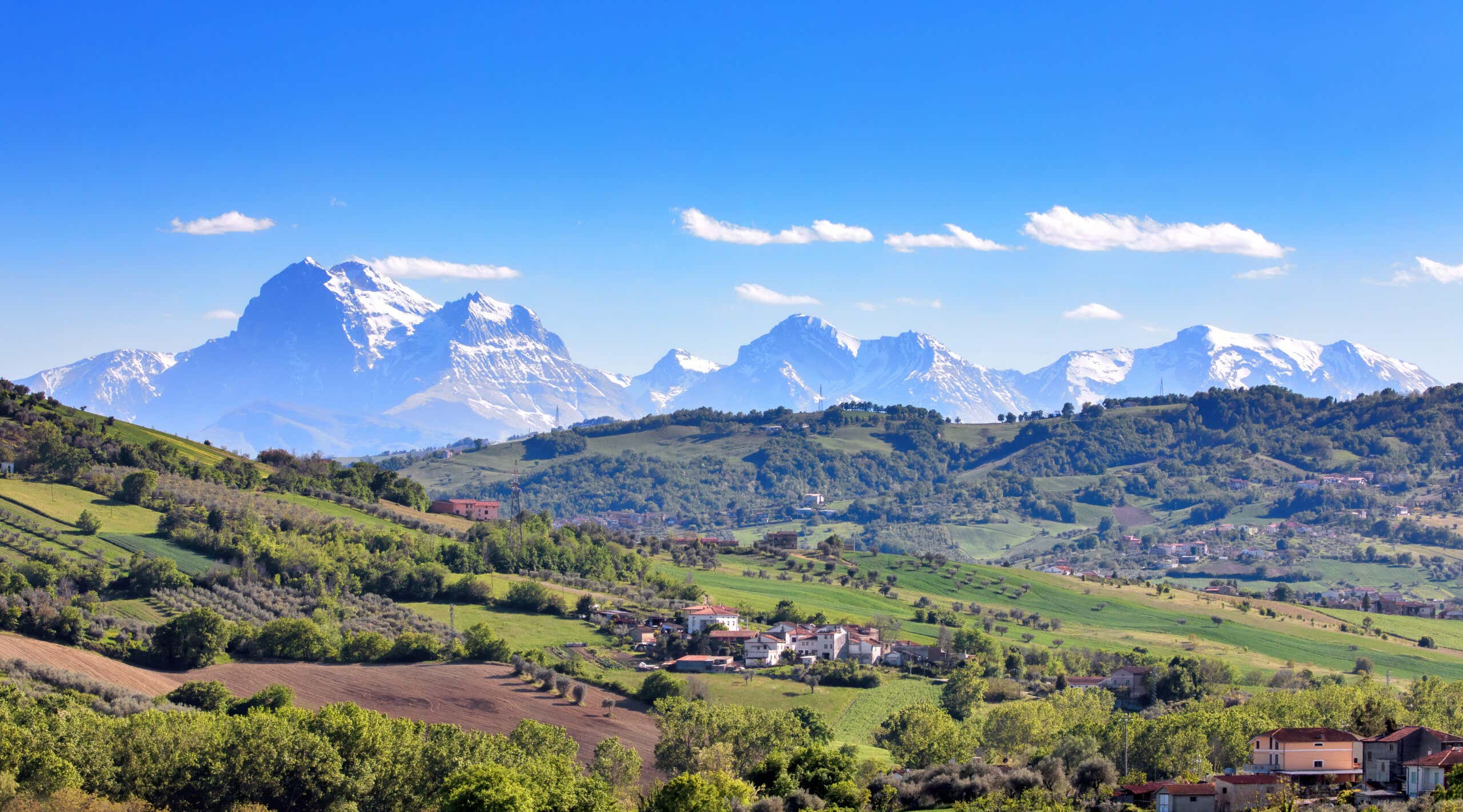 Italy Gran Sasso National Park mountain ranges in Abruzzo region in landscape panoramic scenic views