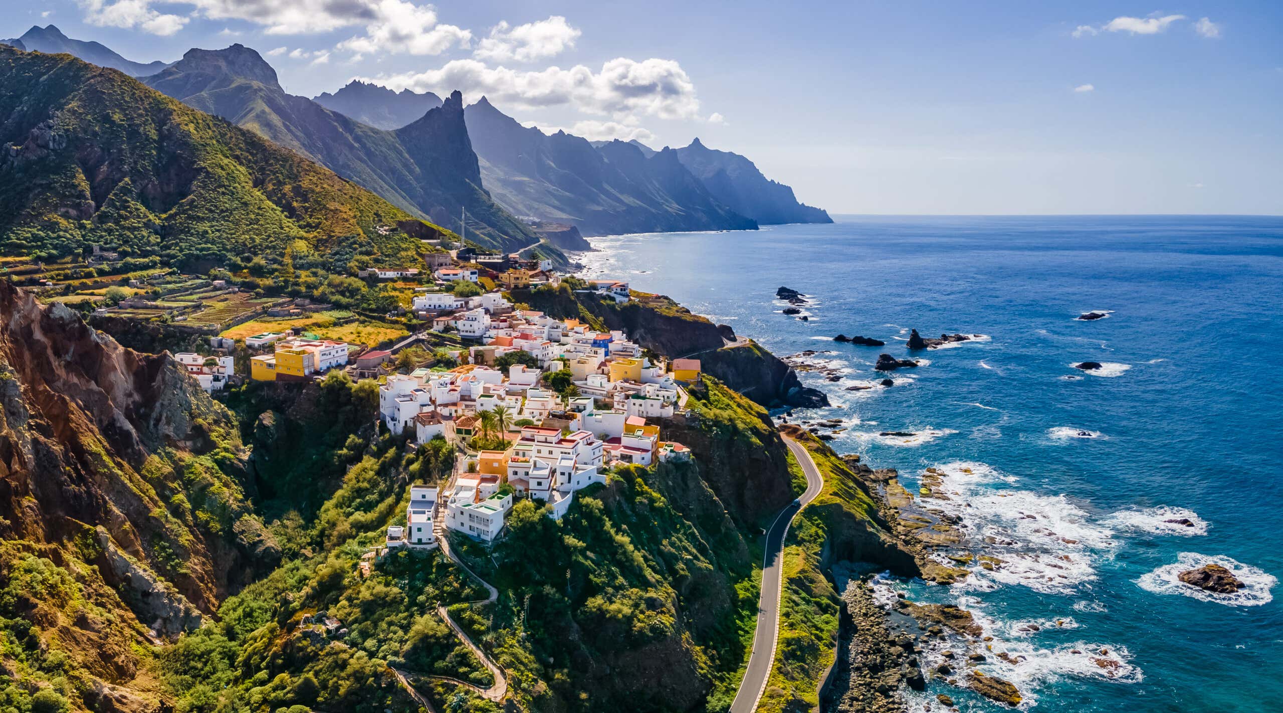 Landscape with coastal village in the distance, Tenerife, Canary Islands, Spain