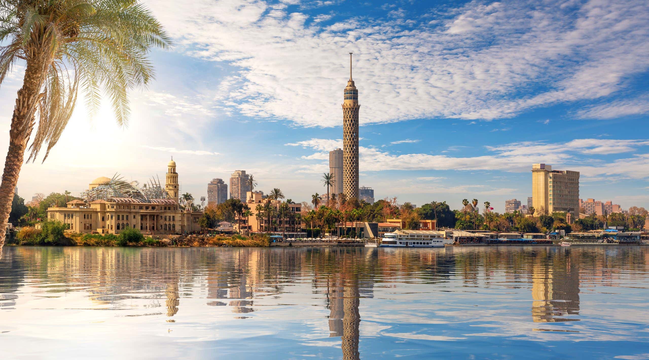 Cairo downtown, view on Gezira Island and the tower from the Nile, Egypt